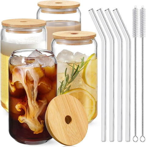 Dropship 4 Set Glass Cups With Bamboo Lids And Straws, 20oz Can Shaped  Drinking Beer Glasses, Iced Coffee Cups, Cute Tumbler With 2 Cleaning  Brushes, Ideal For Bubble Tea, Smoothie, Juice to