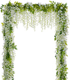 Lvydec Wisteria Artificial Flowers Garland, 4Pcs Total 28.8Ft White Artificial Wisteria Vine Silk Hanging Flower for Home Garden Outdoor Ceremony Wedding Arch Floral Decor